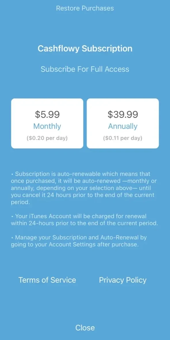Cashflowy paywall screen