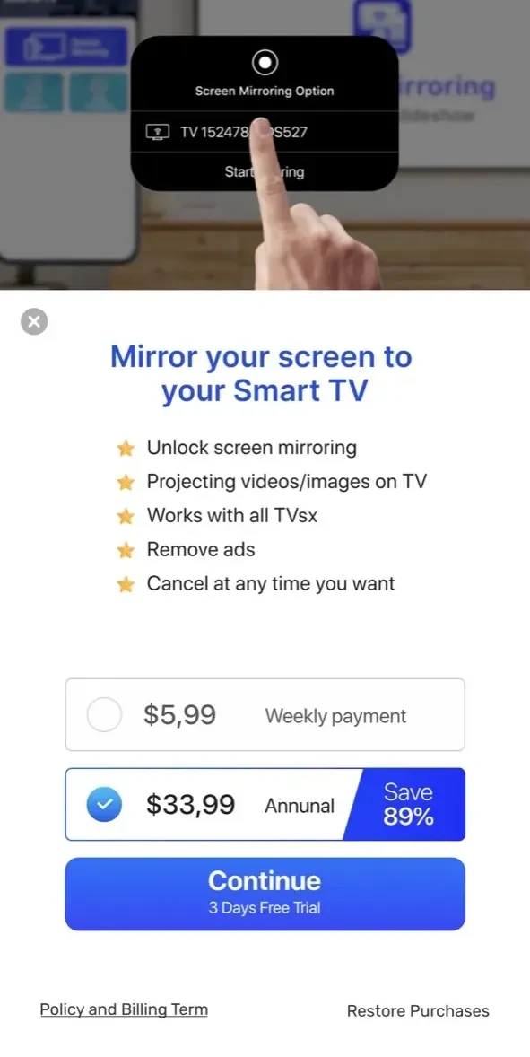 Cast to TV paywall screen