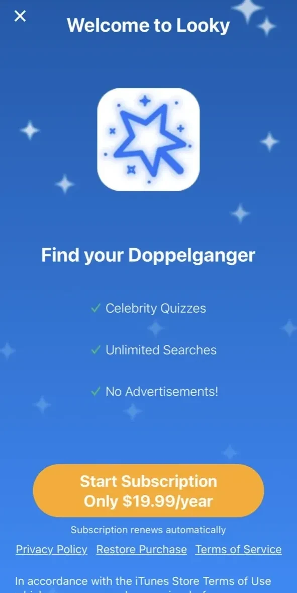 Celebrity Look Alike paywall screen
