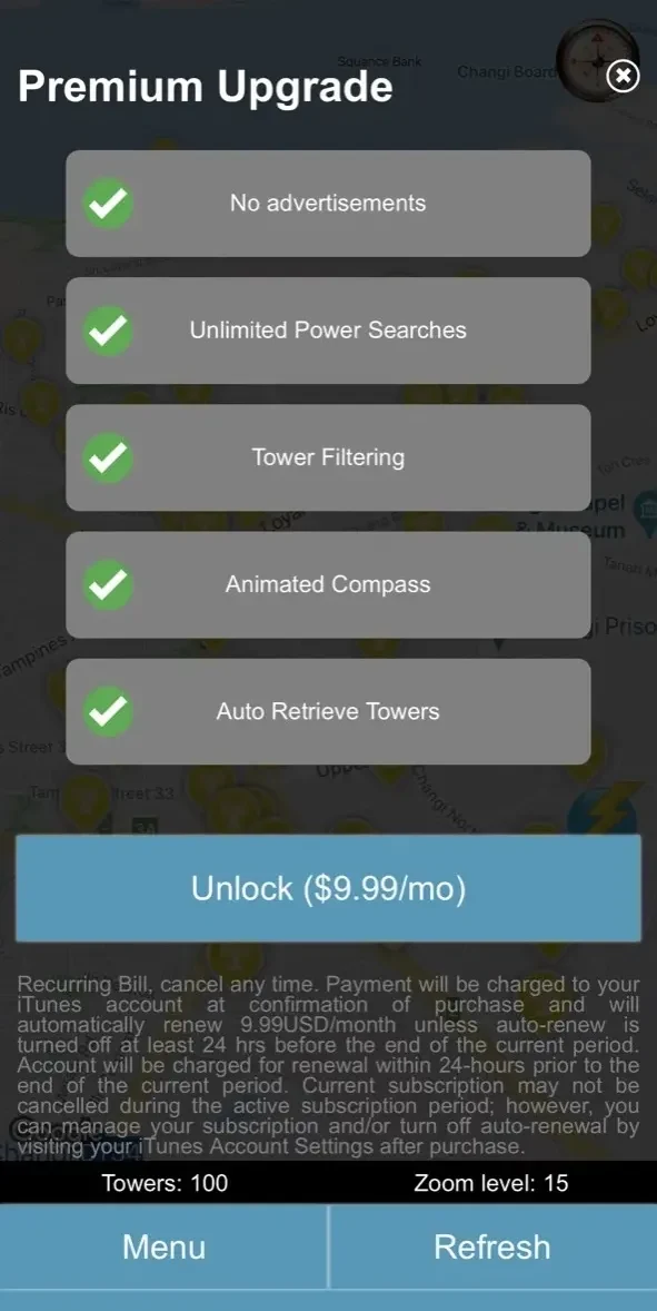Cellular Network Signal Finder paywall screen