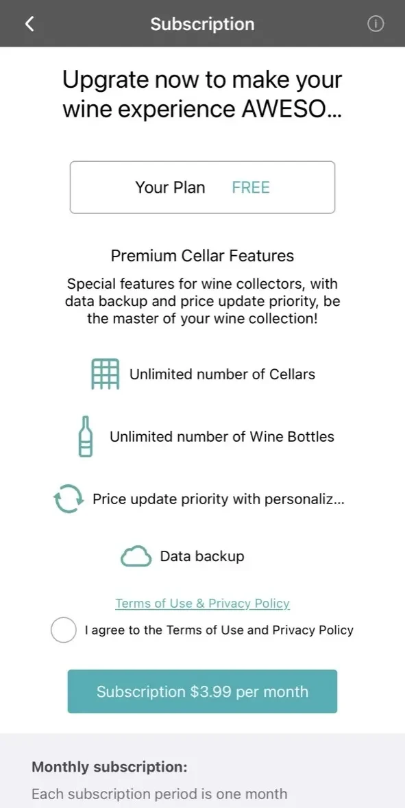 CellWine paywall screen