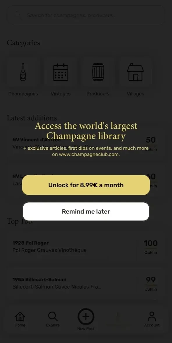Champagne Club paywall screen