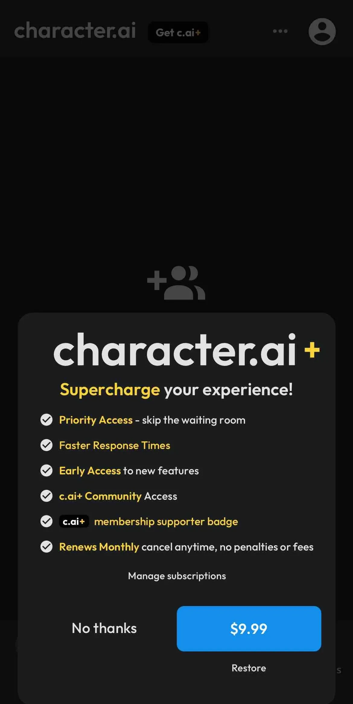 Character AI paywall screen