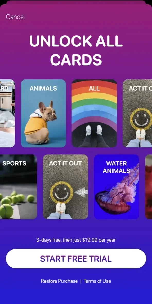 Charades paywall screen