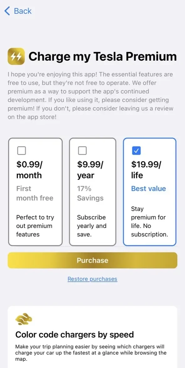 Charge My Tesla paywall screen