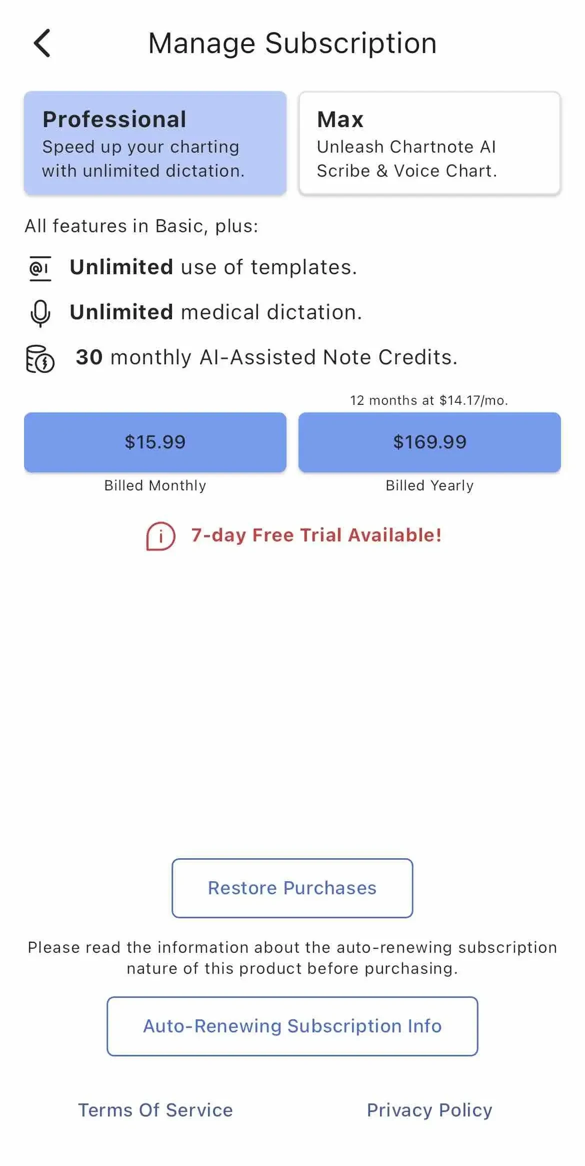 Chartnote Mobile paywall screen