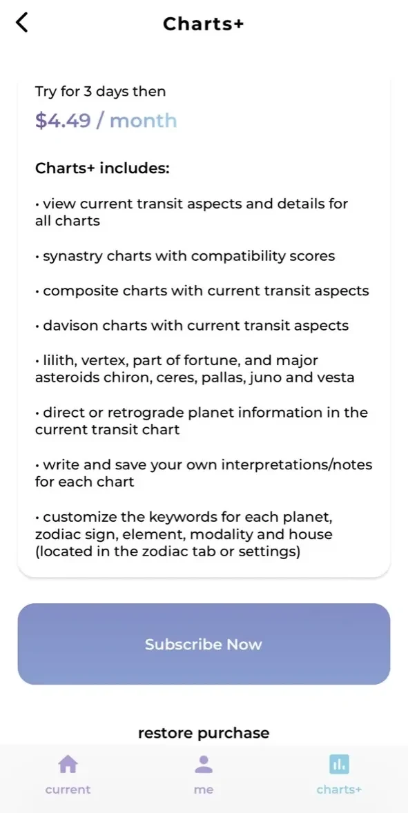Charts Astrology paywall screen