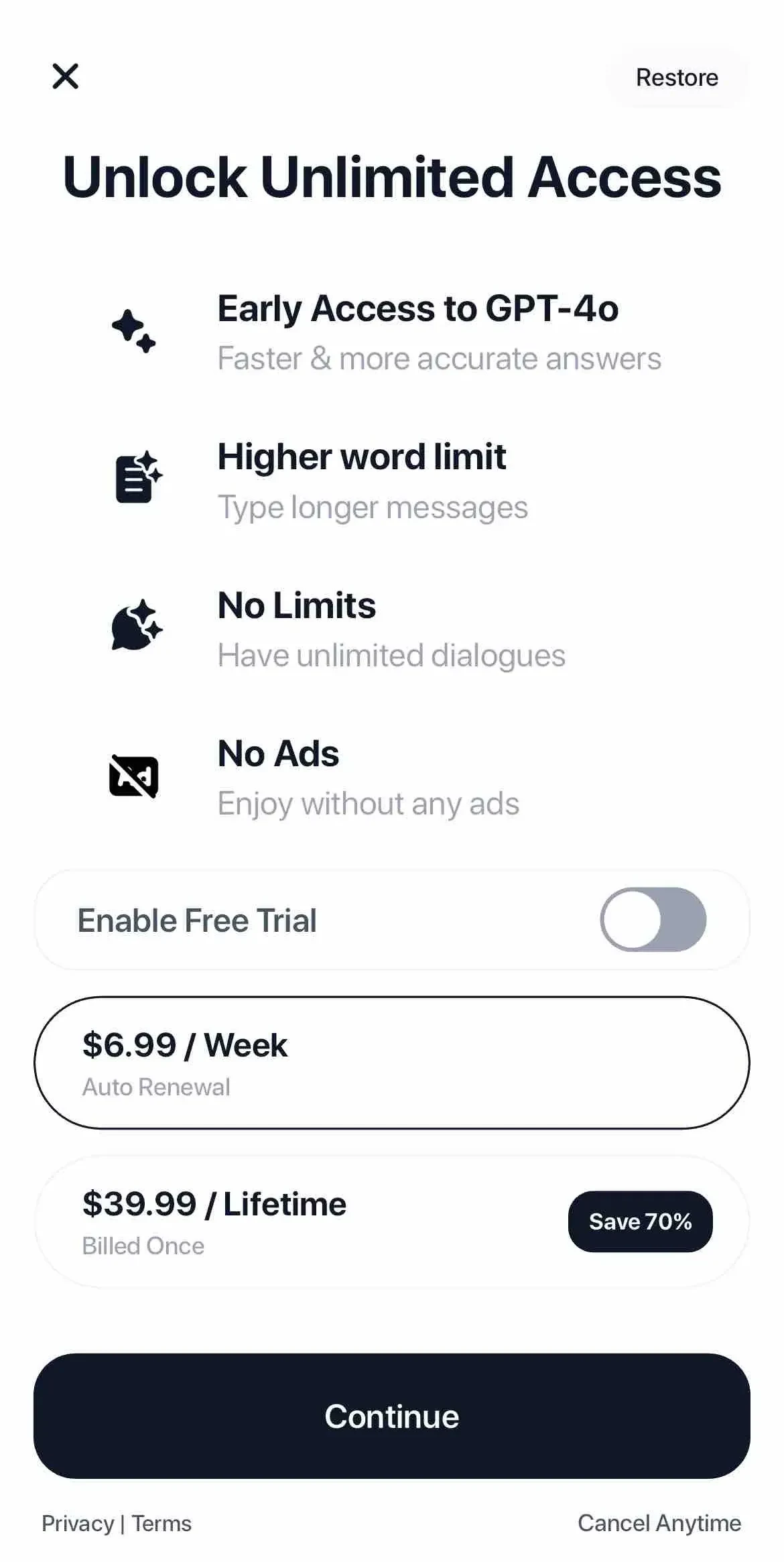 Chatbot AI paywall screen