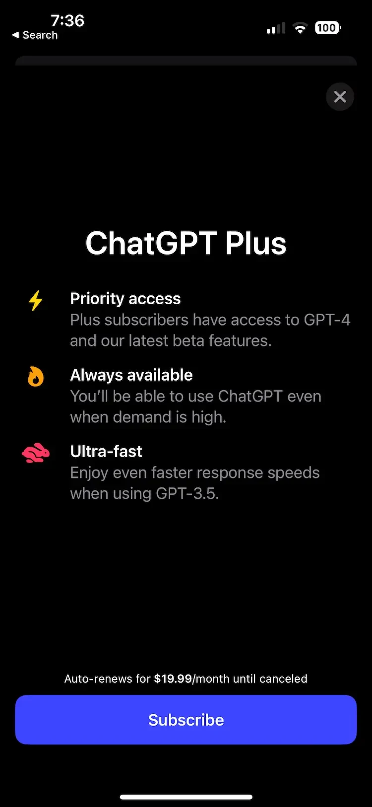 ChatGPT paywall screen
