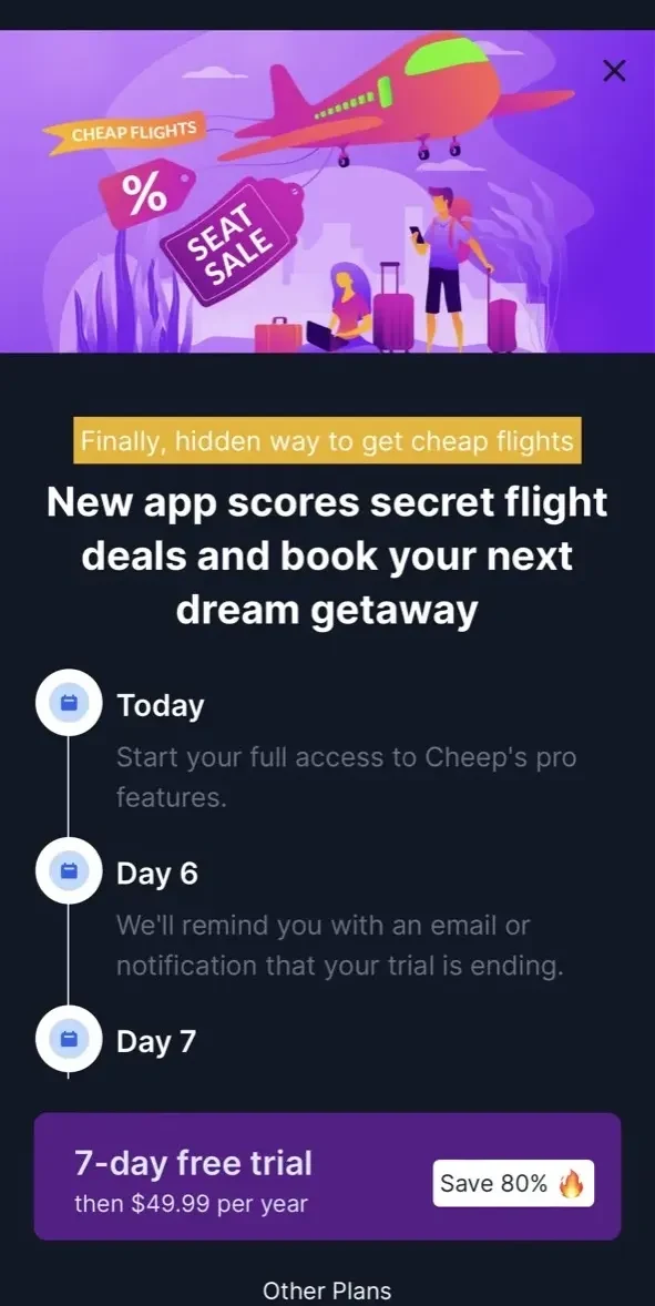 Cheap Flight Deals paywall screen