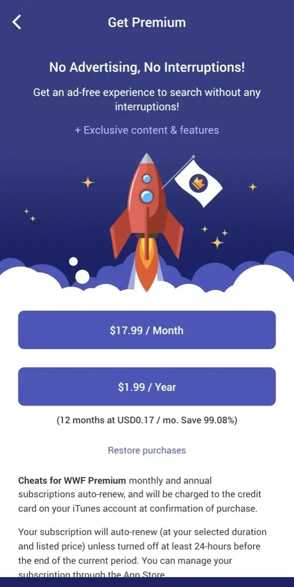 Cheats For Words With Friends paywall screen