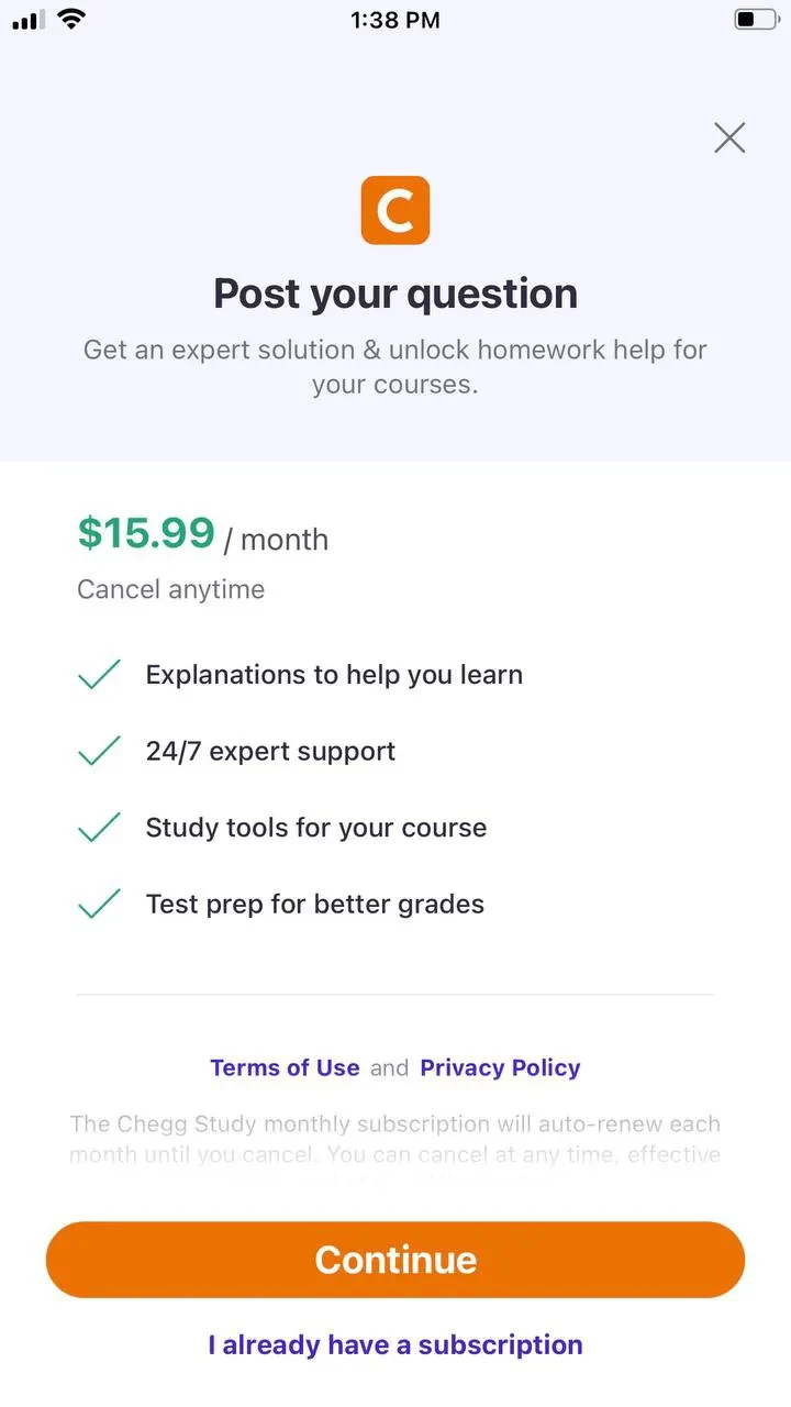 Chegg Study paywall screen