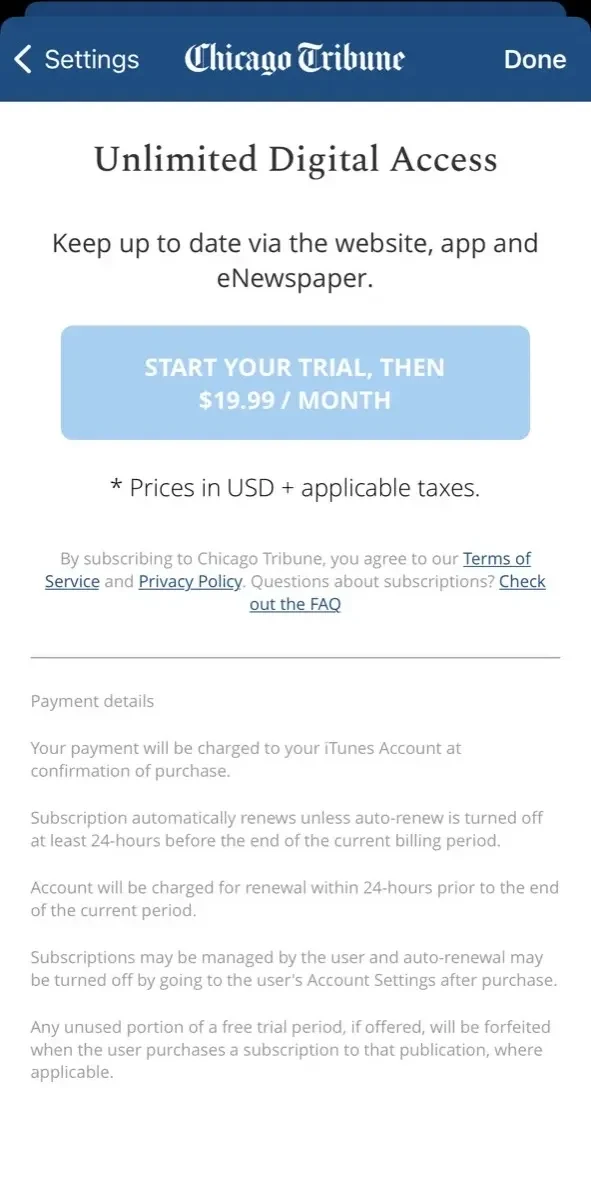 Chicago Tribune paywall screen