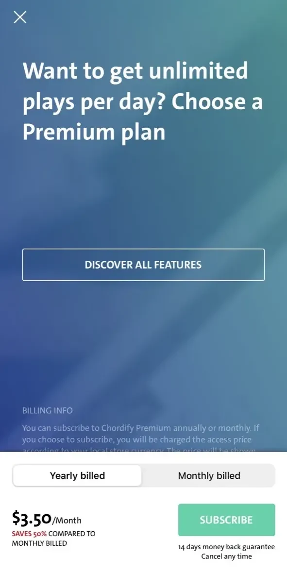 Chordify paywall screen