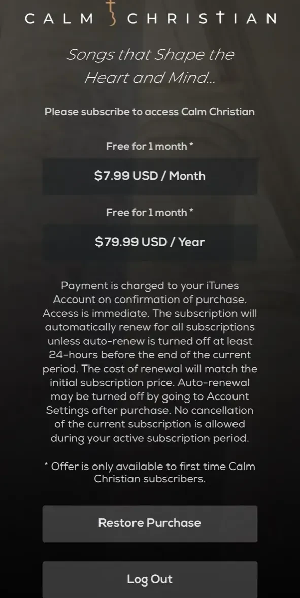 Christian Calm Radio paywall screen