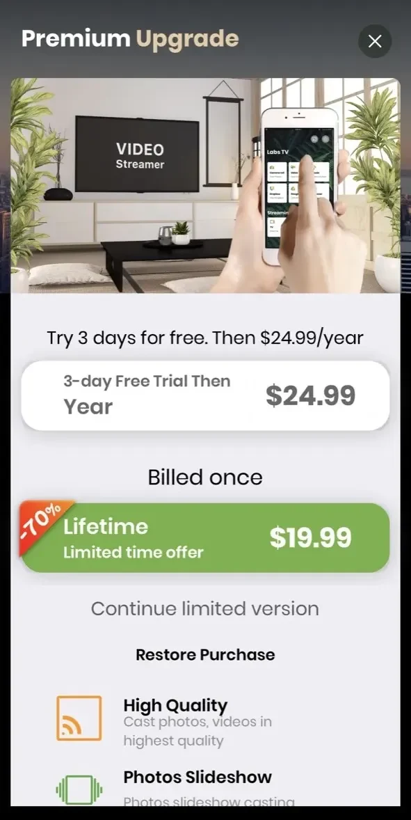 Chromecaster paywall screen