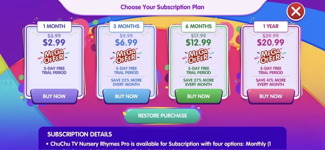 ChuChu TV Nursery Rhymes Pro paywall screen
