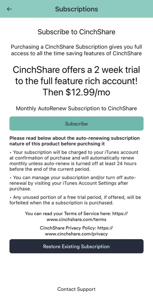 CinchShare paywall screen