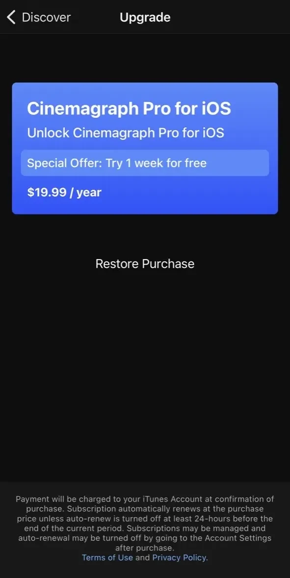 Cinemagraph Pro paywall screen