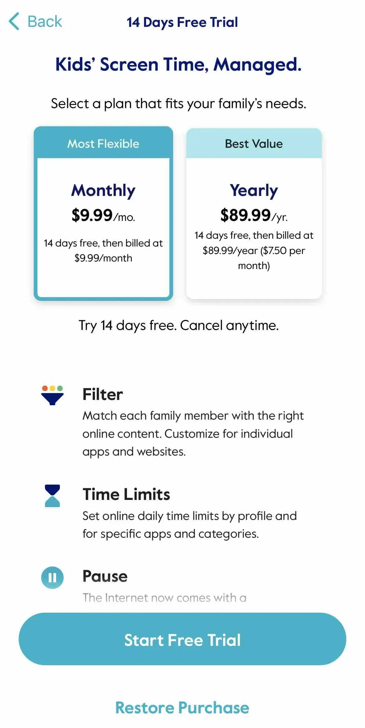 Circle Parental Controls App paywall screen