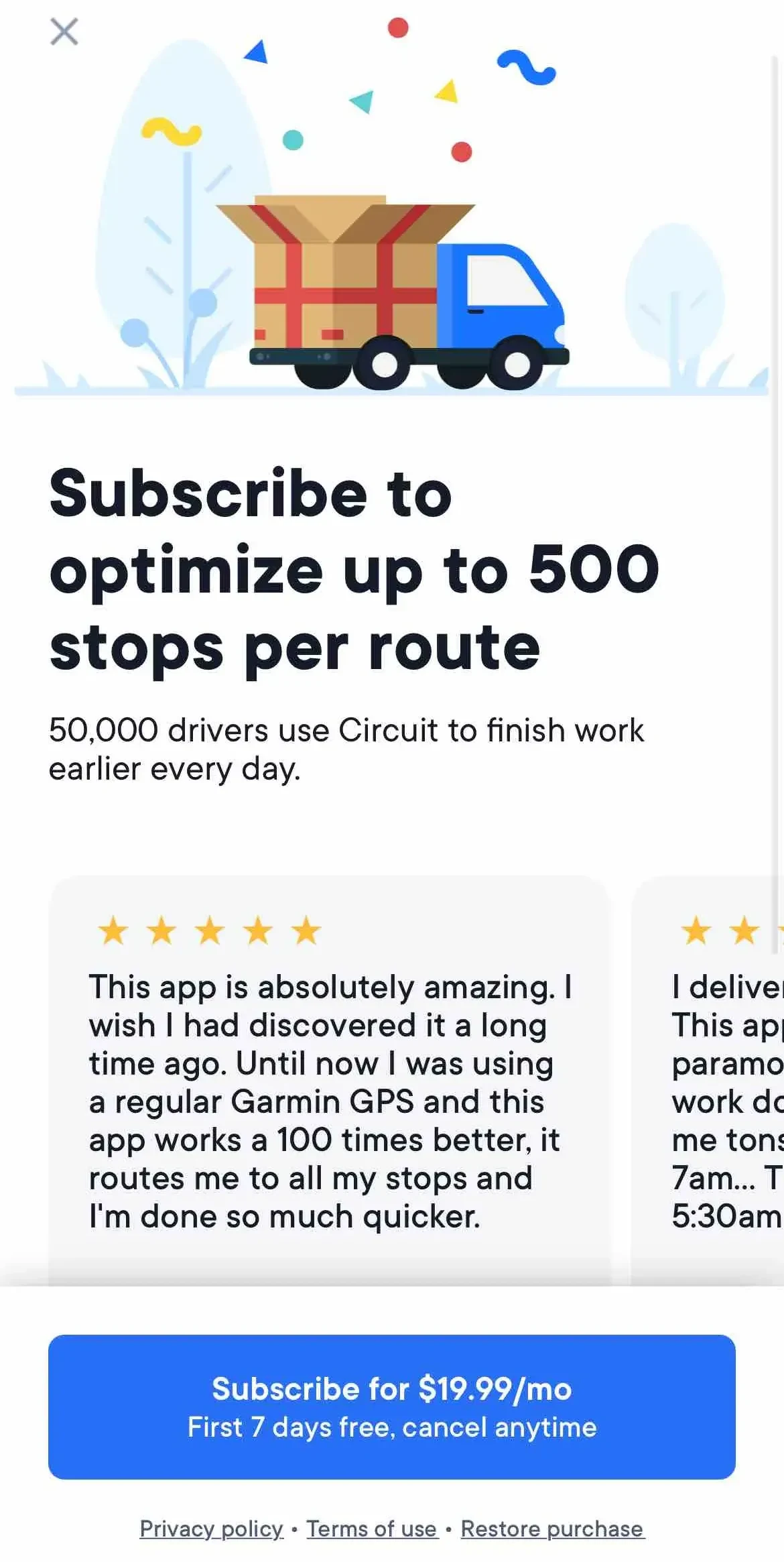 Circuit Route Planner paywall screen