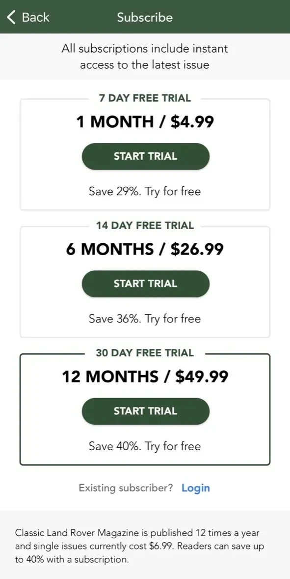 Classic Land Rover Magazine paywall screen