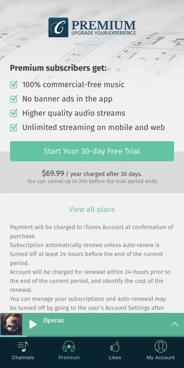 Classical Music paywall screen