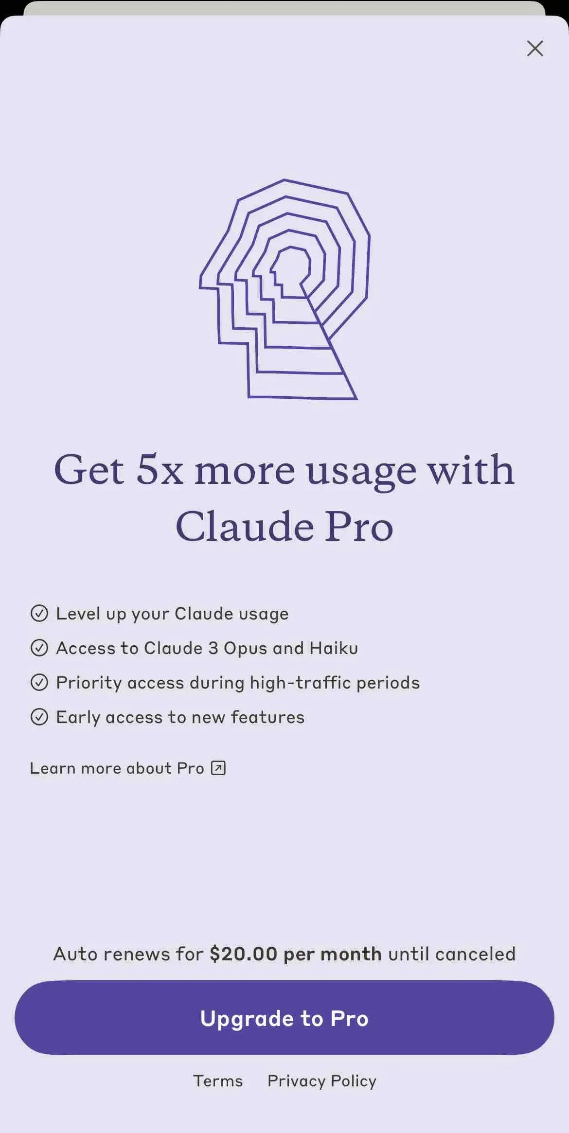 Claude paywall screen