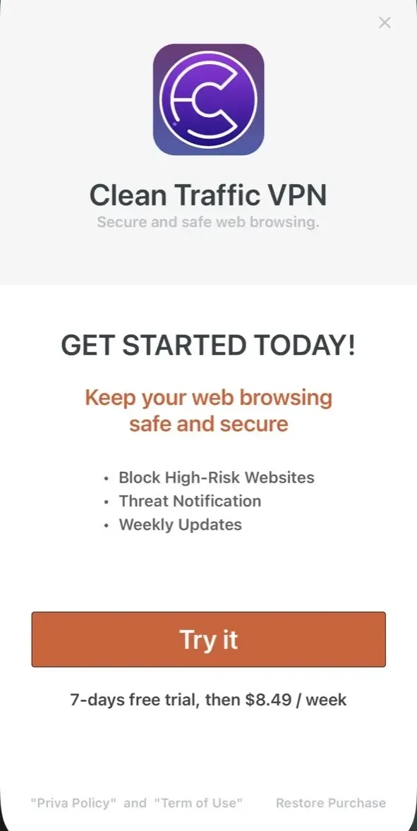 Clean Traffic VPN paywall screen