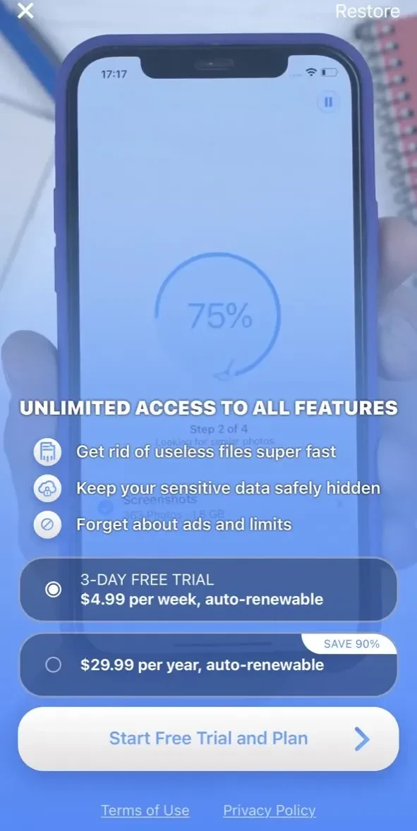 Clean Up Storage paywall screen
