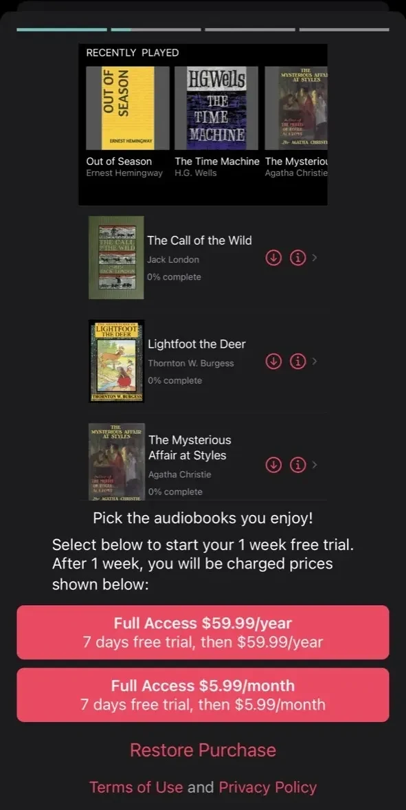 Clearly Audiobooks paywall screen