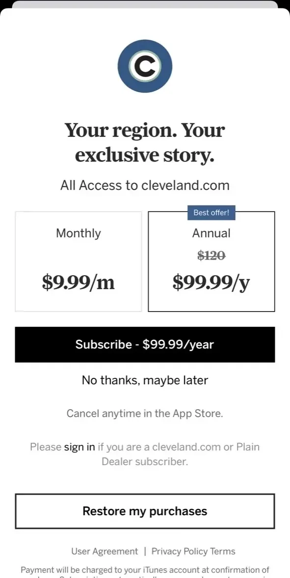 cleveland paywall screen
