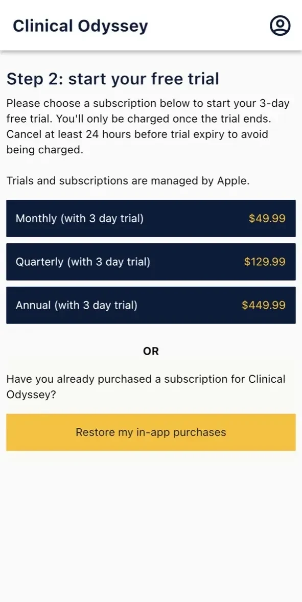 Clinical Odyssey paywall screen