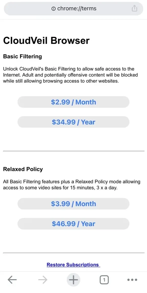 CloudVeil Browser paywall screen