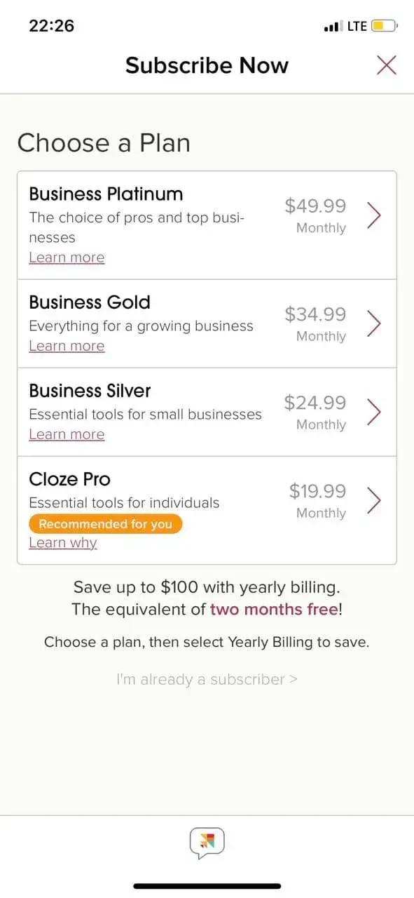 Cloze Relationship Management paywall screen