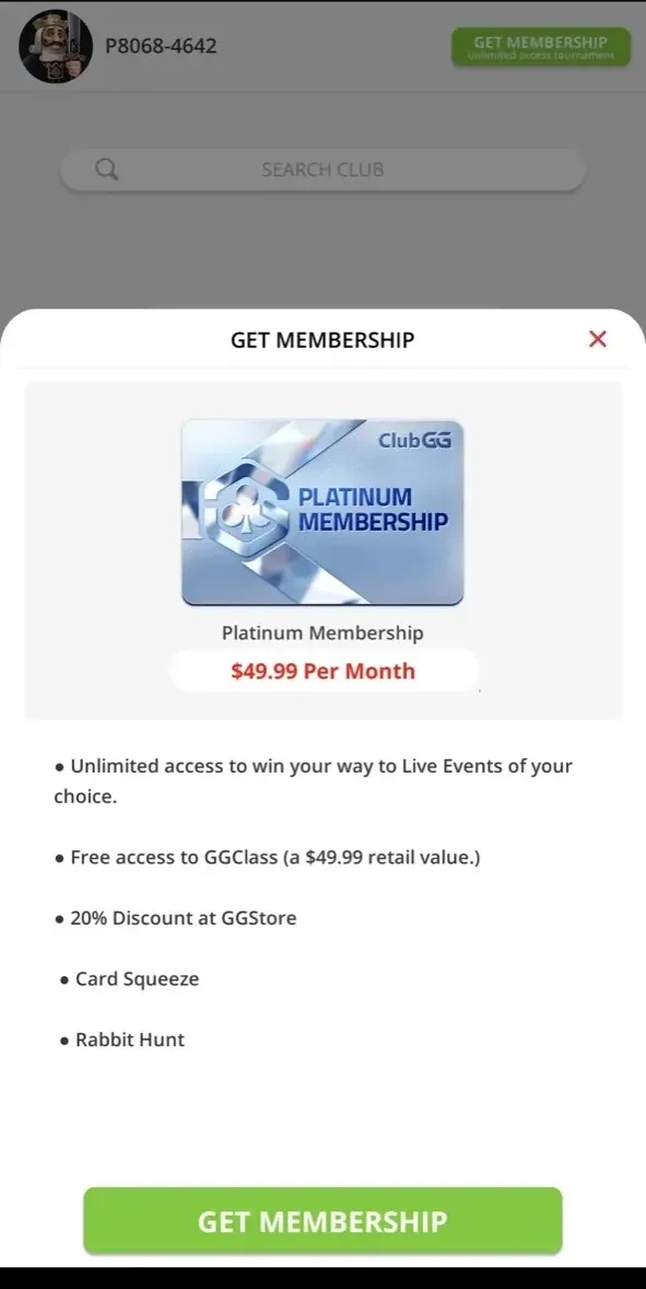 ClubGG Poker paywall screen