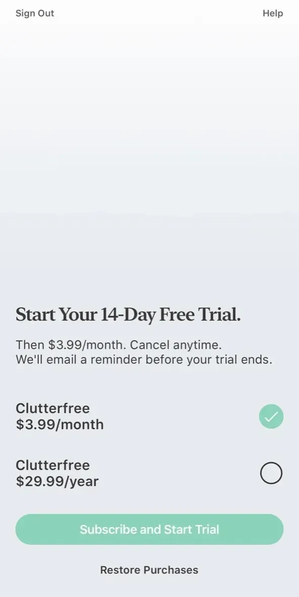 Clutterfree paywall screen