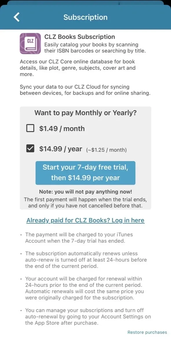 CLZ Books paywall screen