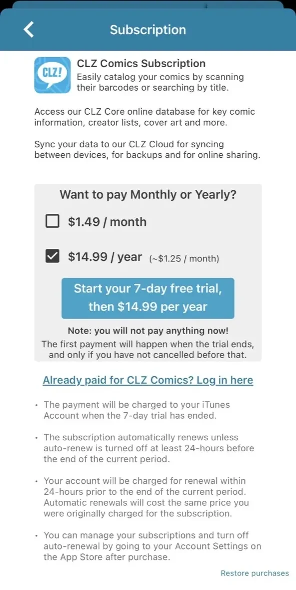 CLZ Comics paywall screen