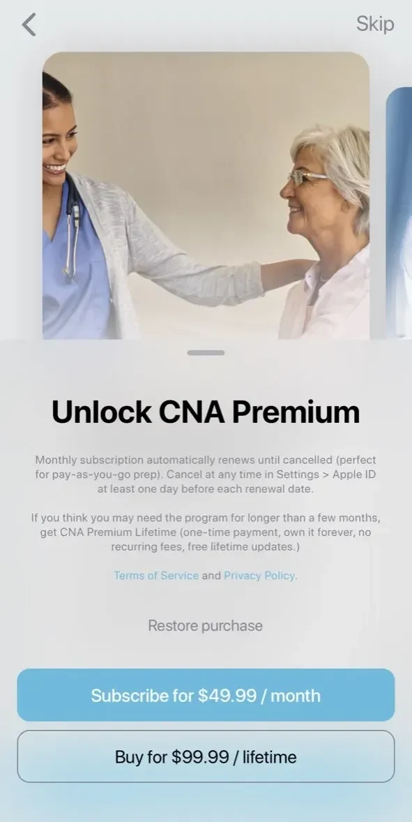 CNA Practice Test Genie paywall screen
