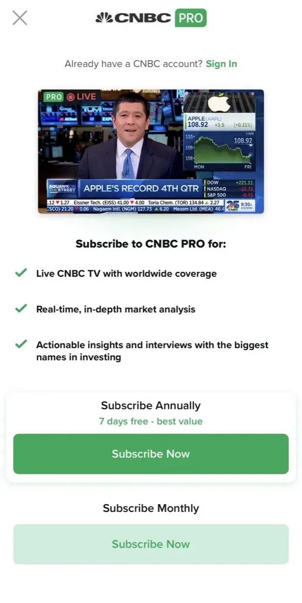 CNBC paywall screen