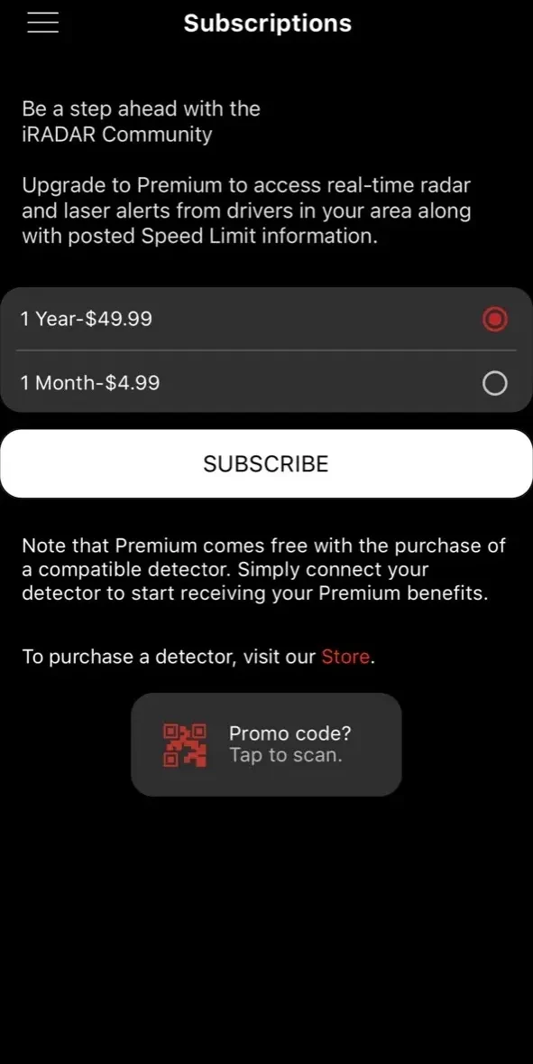 Cobra iRadar paywall screen