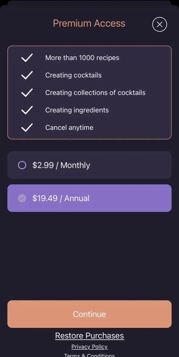 Cocktail Art paywall screen