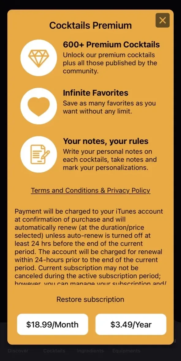 Cocktails For Real Bartender paywall screen