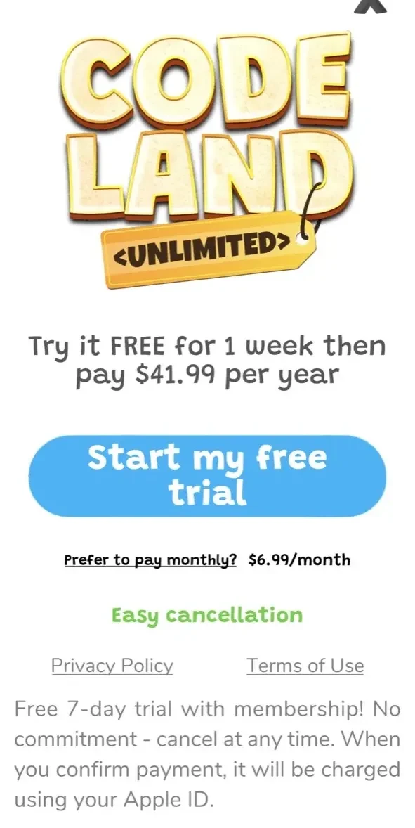 Code Land paywall screen