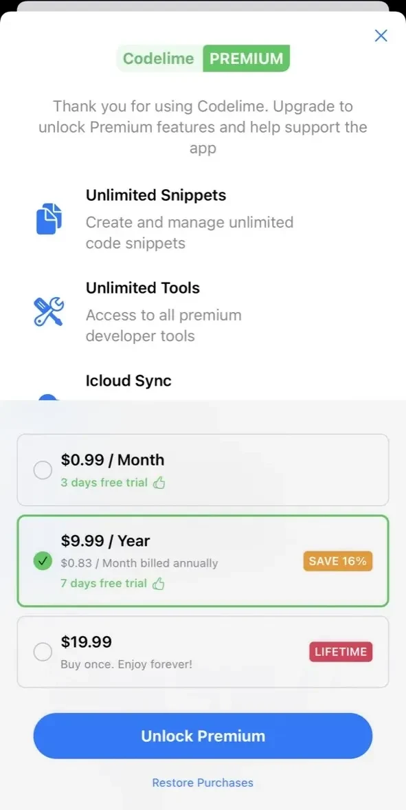 Snippet Dev Tools paywall screen