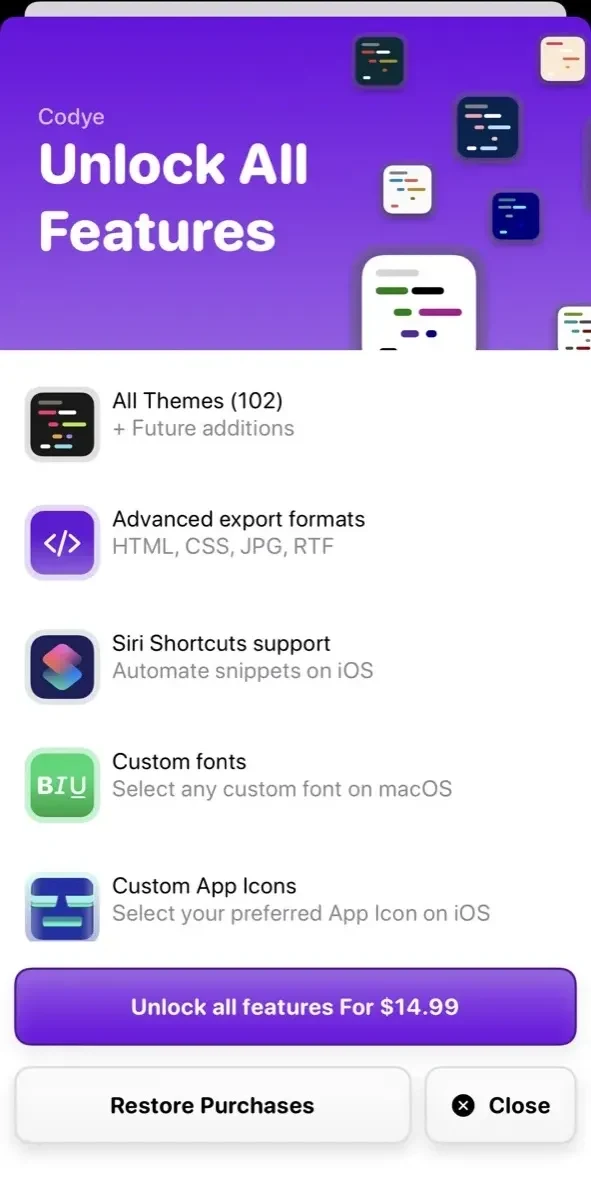 Codye paywall screen