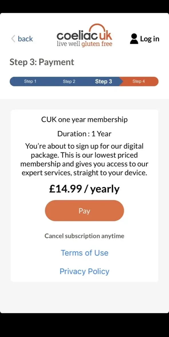 Coeliac UK paywall screen