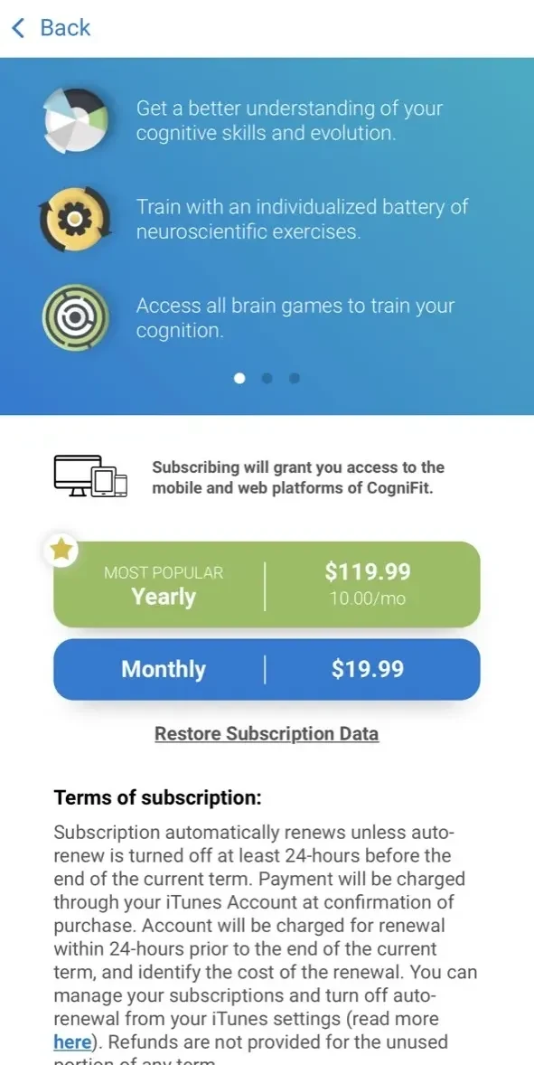 CogniFit paywall screen