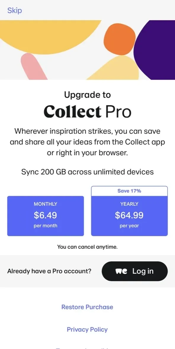 Collect paywall screen